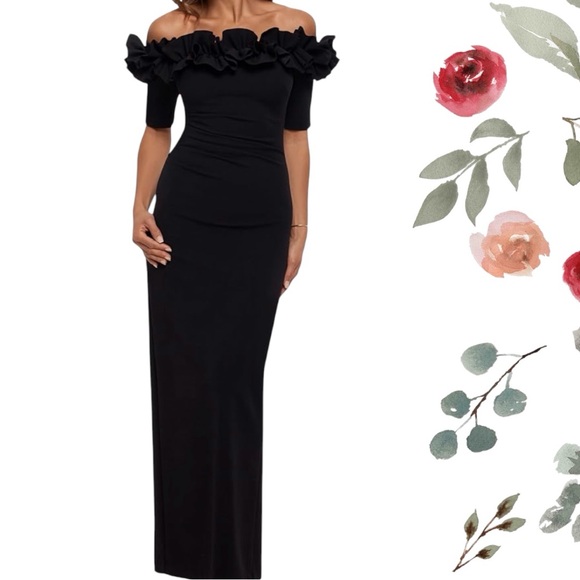 Xscape Dresses & Skirts - Xscape dress 16W black off shoulder elbow sleeve back zip built in bra back slit